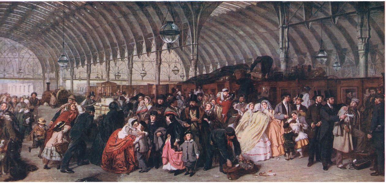 Stacja kolejowa, z Cassells History of the British People opublikowanej przez Waverley Book Company Limited, c.1940 autorstwa William Powell Frith