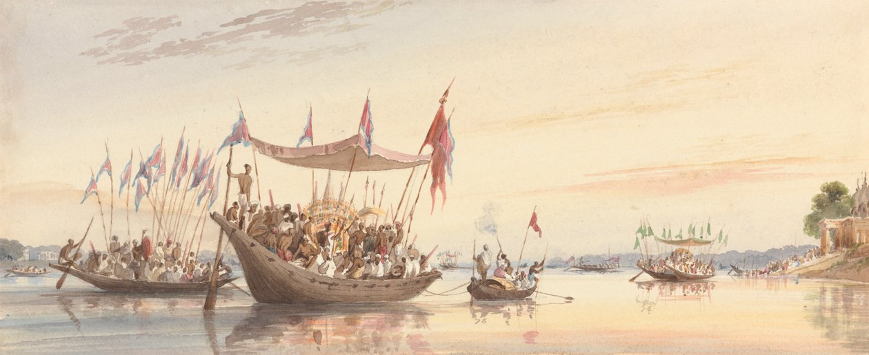 Isherah - procesja wodna obrazu Doorgi przed jej zanurzeniem o zachodzie słońca autorstwa William Prinsep