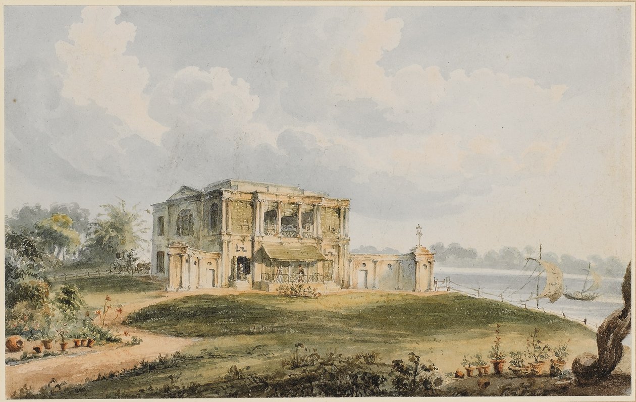 Widok domu Charlesa Prinsepa, Ishura nad rzeką Hooghly (czarna kreda, długopis i brązowy tusz z akwarelą na papierze) autorstwa William Prinsep