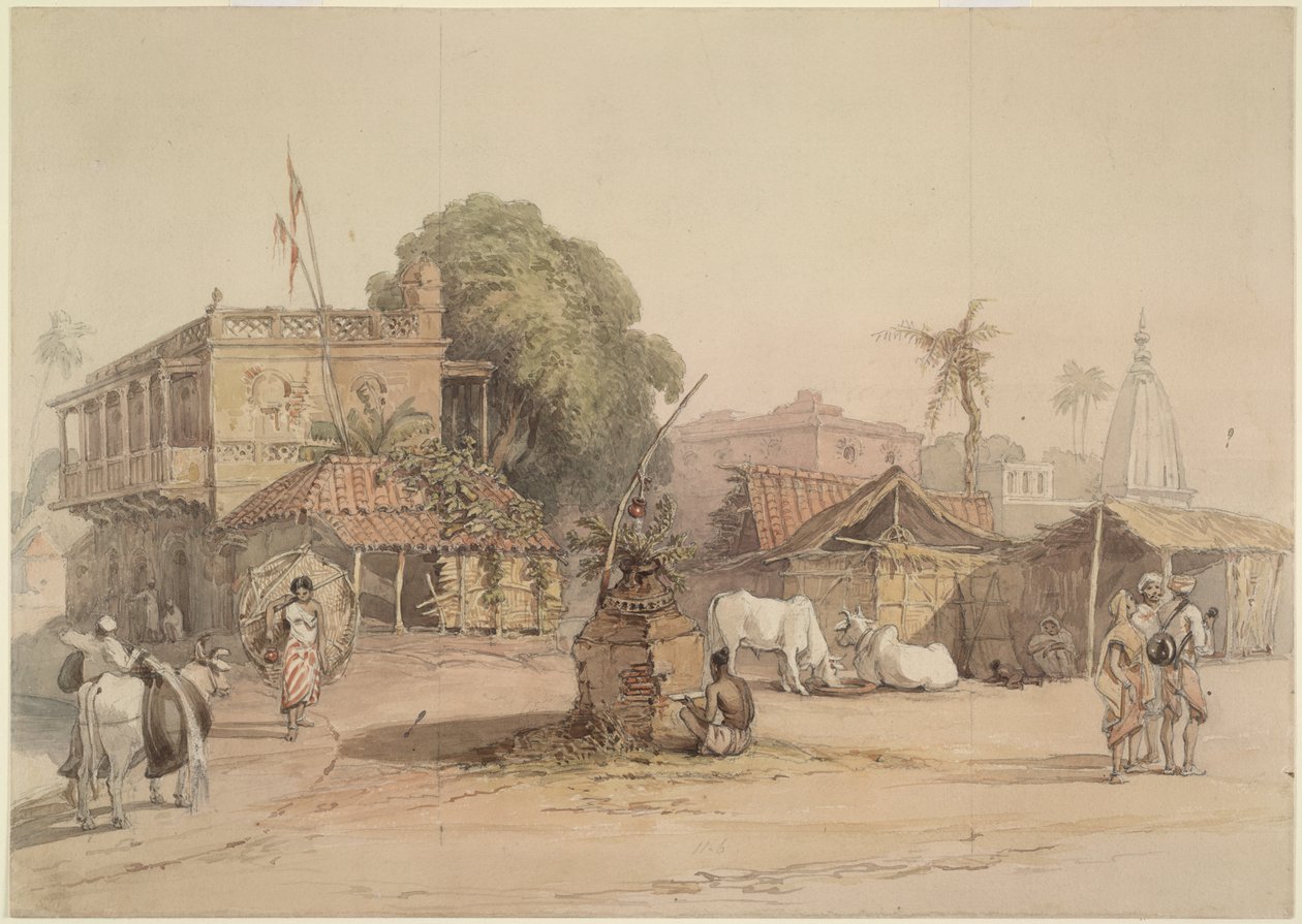 Scena wiejska z małym ołtarzem „tulsi” i nosicielem wody z jego bykiem, Indie ok. 1830-40 autorstwa William Prinsep