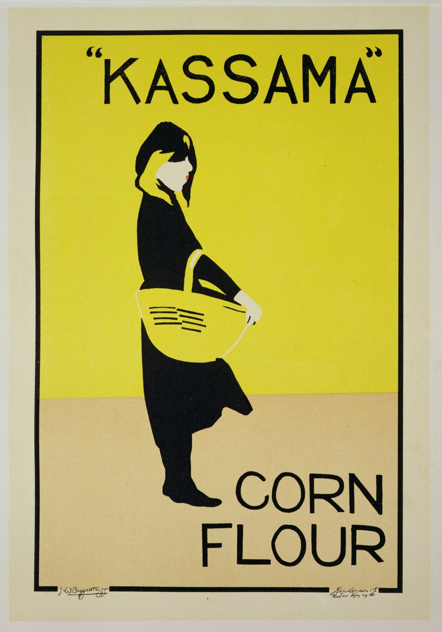 Reprodukcja plakatu reklamującego „Kassama Corn Flour” (kolor lito) autorstwa William and Pryde James Nicholson