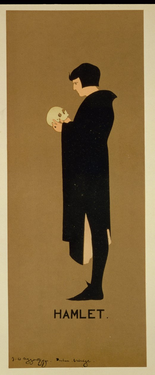 Reprodukcja plakatu reklamującego sztukę „Hamlet” (kolor lito) autorstwa William and Pryde James Nicholson