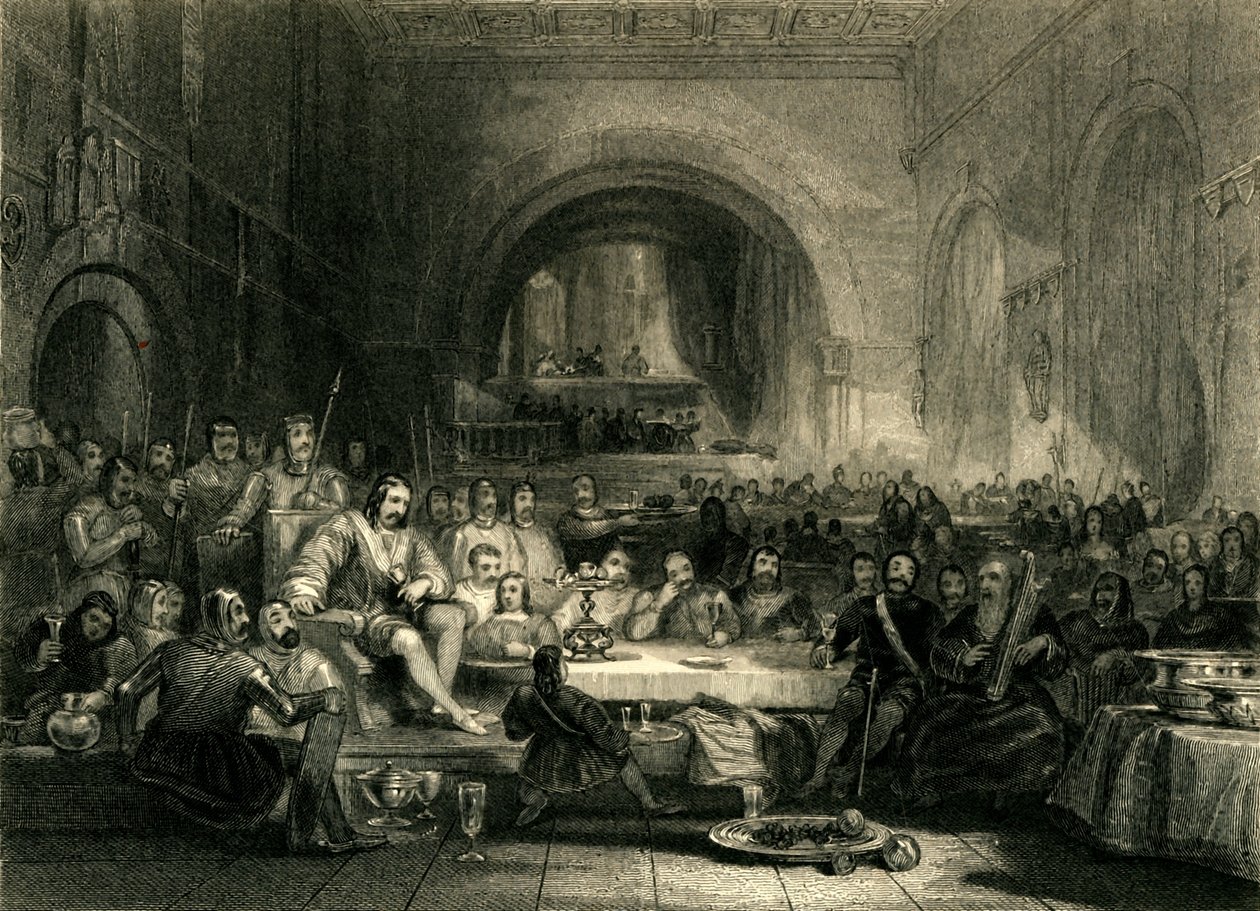„Książę Llewellyn i jego baronowie, w swoim pałacu koło Aber”, c1836 autorstwa William Radclyffe