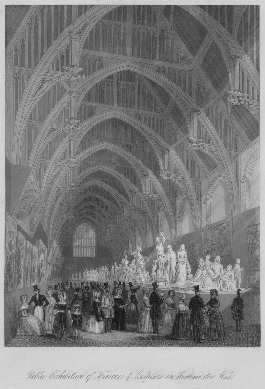 Publiczna wystawa fresków i rzeźb w Westminster Hall, ok. 1841 r. autorstwa William Radclyffe