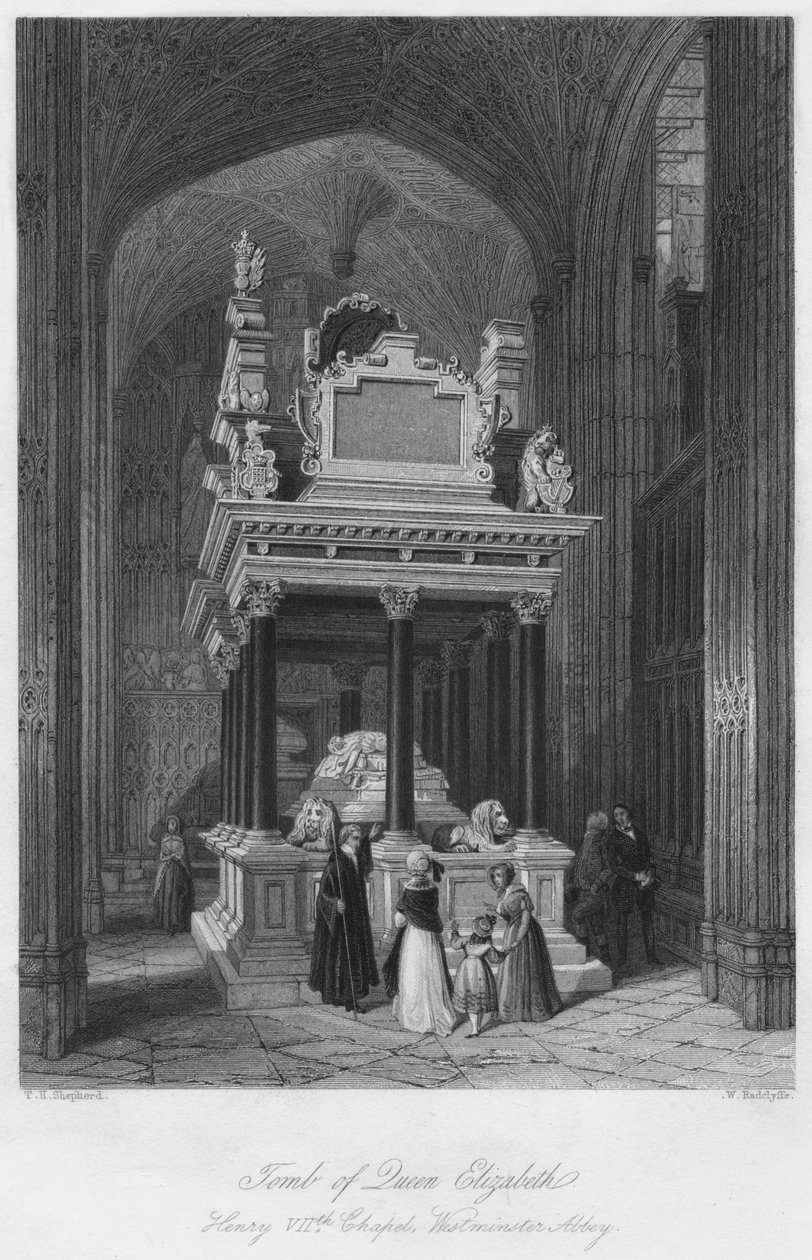 Grób królowej Elżbiety: Kaplica Henryka VII, Opactwo Westminsterskie, ok. 1841 r. autorstwa William Radclyffe