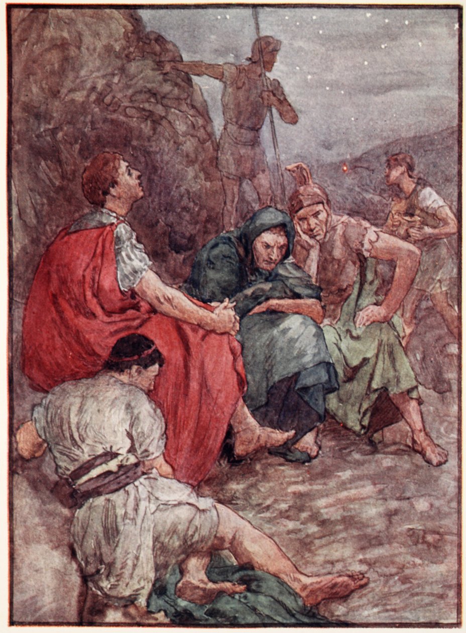 Brutus i jego towarzysze po bitwie pod Filippi, ilustracja z „Życia Plutarcha dla chłopców i dziewcząt”, opowiedziana przez W.H. Weston, Londyn ok. 1910 (kolor lito) autorstwa William Rainey