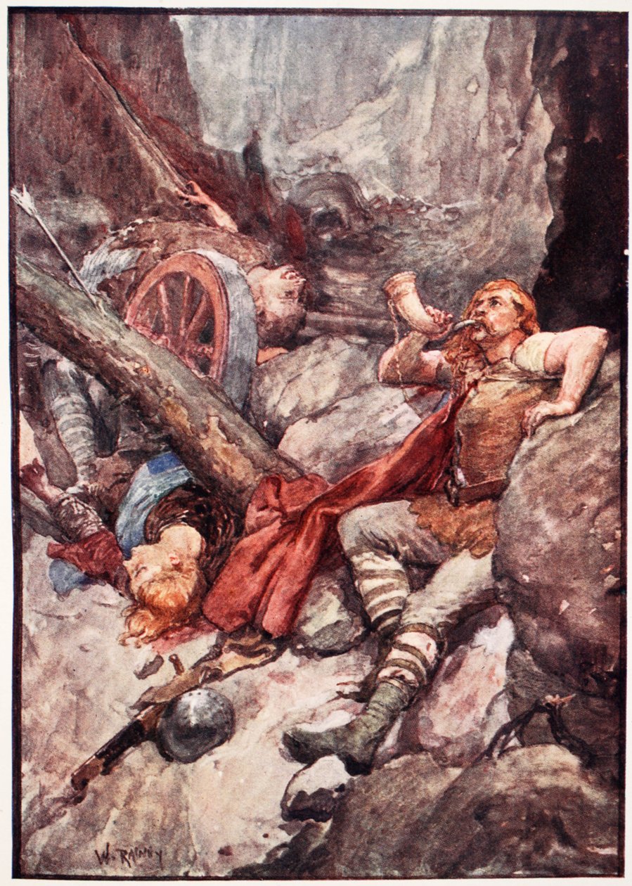 „Once More Roland Blew His Ivory Horn”, płyta z „The Story of France” Mary MacGregor, 1920 (kolorowa lito) autorstwa William Rainey