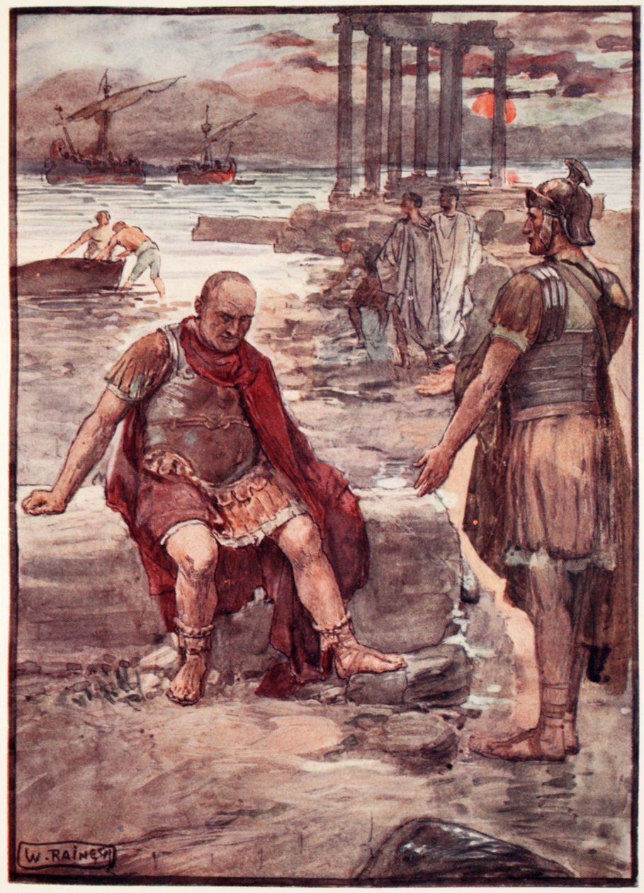 Wygnany Marius pośród ruin Kartaginy, ilustracja z „Życia Plutarcha dla chłopców i dziewcząt”, opowiedziana przez W.H. Weston, Londyn ok. 1910 (kolor lito) autorstwa William Rainey