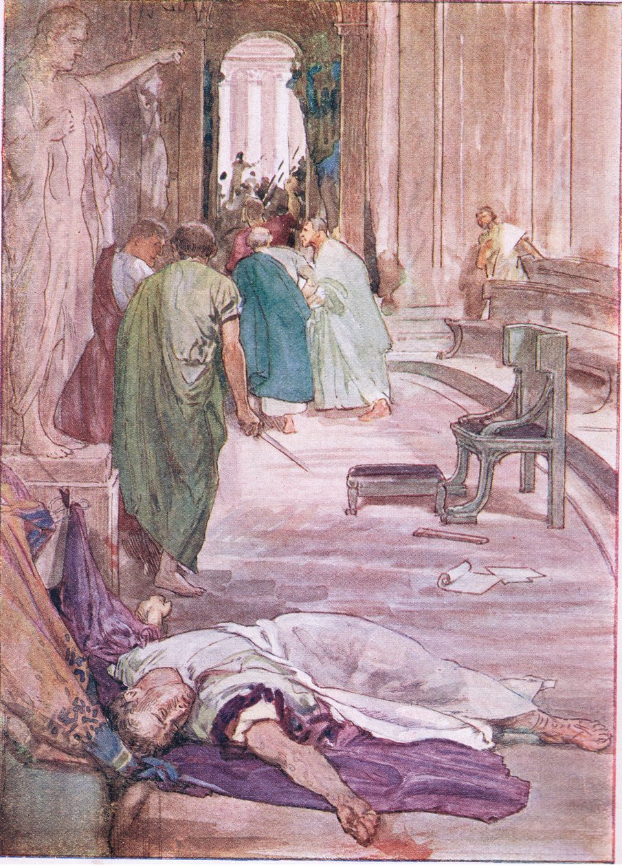 Morderstwo Cezara, z Plutarch Lives opublikowanego przez T C & E C Jack Ltd, lata 20. autorstwa William Rainey