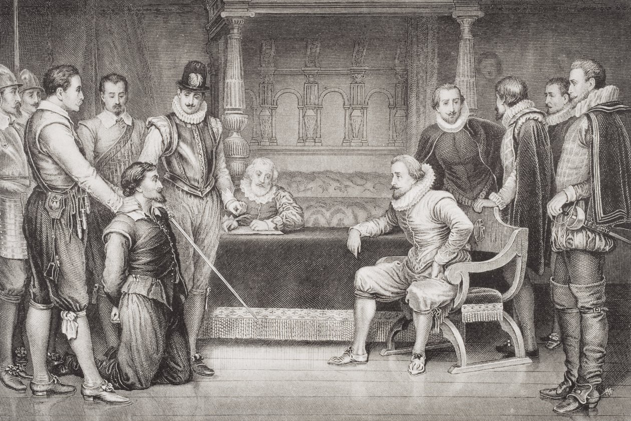 Guy Fawkes (1570-1606) przesłuchiwany przez Jakuba I (1566-1625) i jego radę w sypialni króla, z „Illustrations of English and Scottish History” tom I autorstwa William Ralston