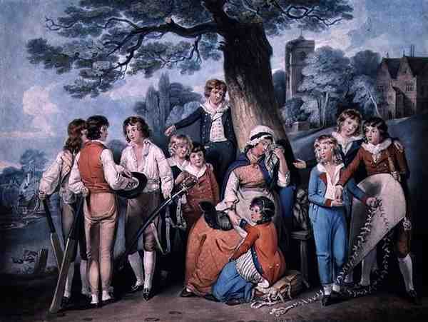 Wdowa po żołnierzu, czyli kolekcja dla chłopców szkolnych, rytowana przez Roberta Dunkartona (1744–ok. 1817), wyd. przez Jamesa Daniella autorstwa William Redmore (after) Bigg
