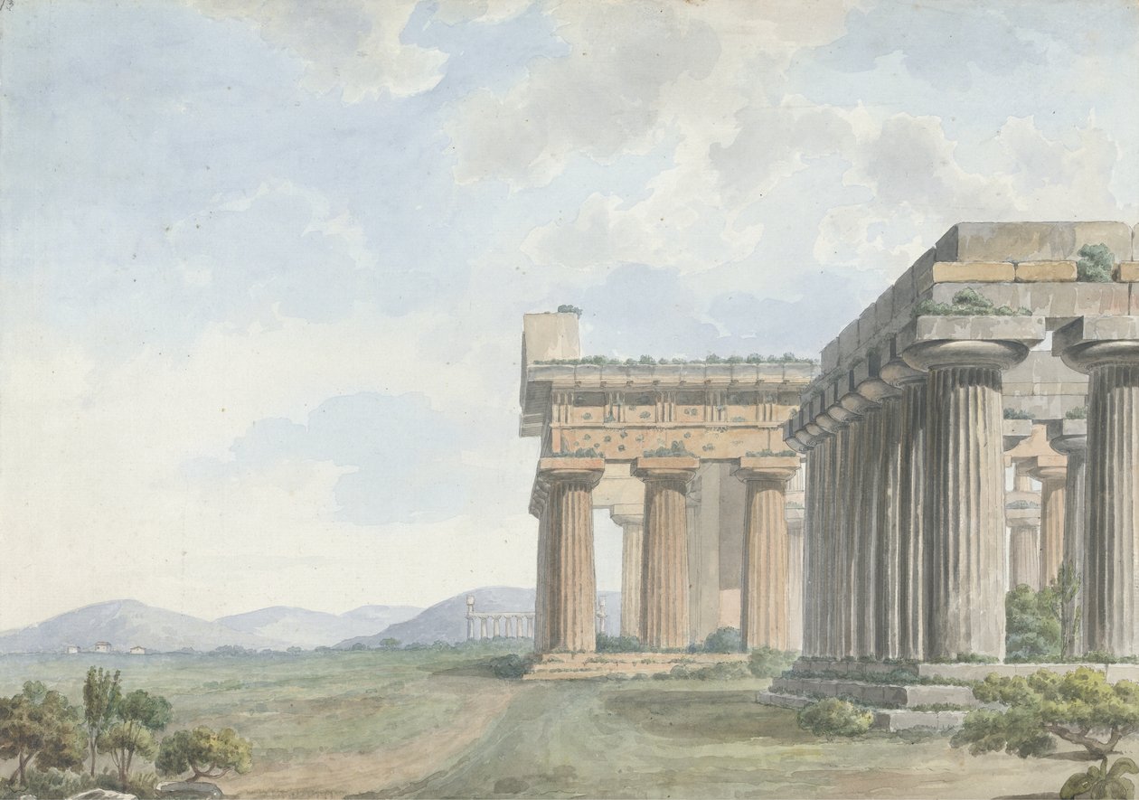 Widoki w Levant: ruiny świątyni w Paestum, ok. 1785 (toaleta z piórem i atramentem na graficie na papierze) autorstwa William Reveley