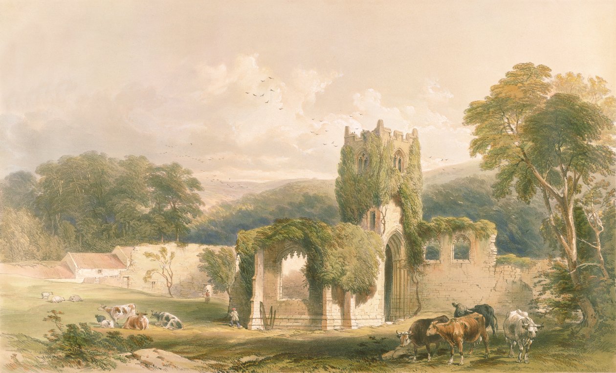Mount Grace Priory, zewnętrzna część kościoła, z „The Monastic Ruins of Yorkshire”, grawerowane przez George