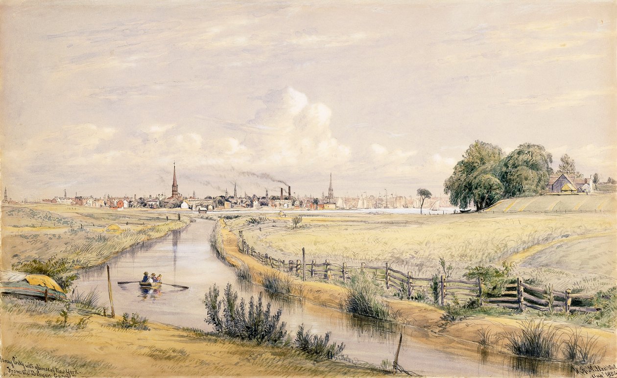 Jersey City z przebłyskiem Nowego Jorku z Kanału Bergen, 1854 autorstwa William Rickarby Miller