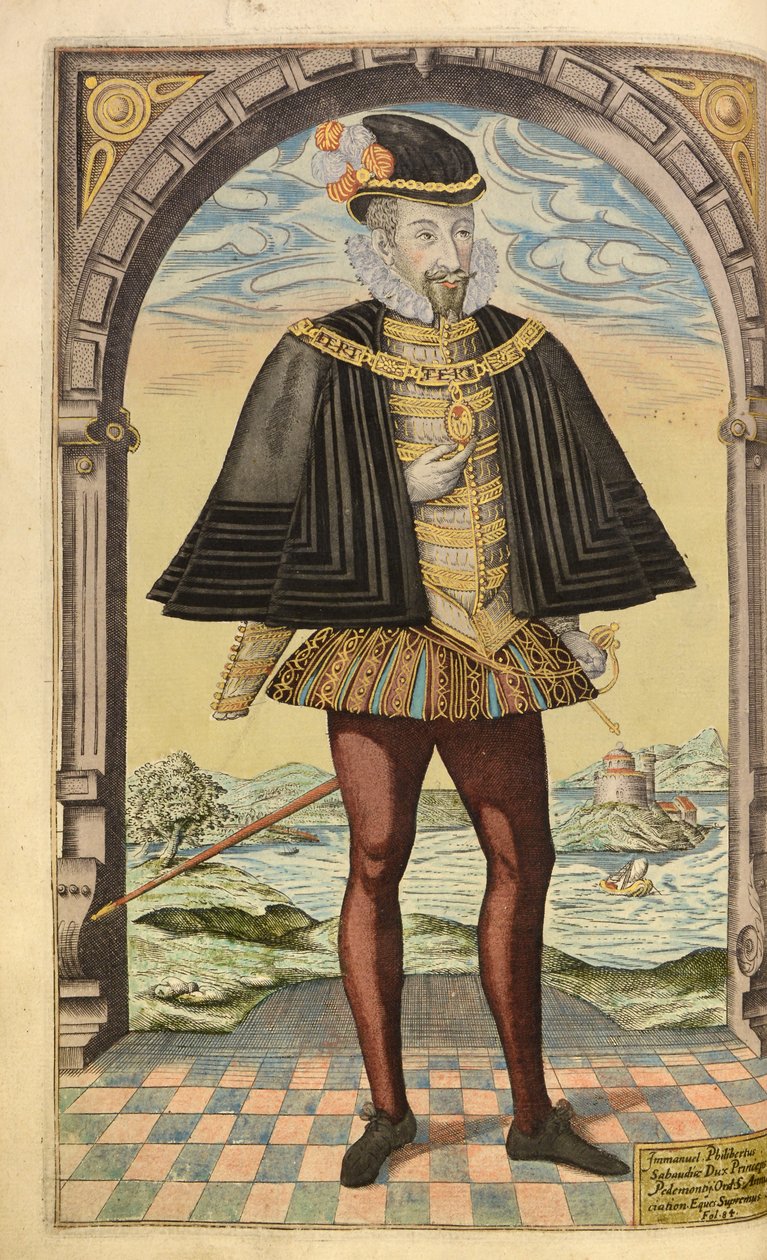 Emmanuel Philibert, książę Sabaudii, z Honor Military and Civil, William Segar, wyd. Robert Barker, Londyn, 1602 (ręcznie barwiony grawerunek) autorstwa William Rogers