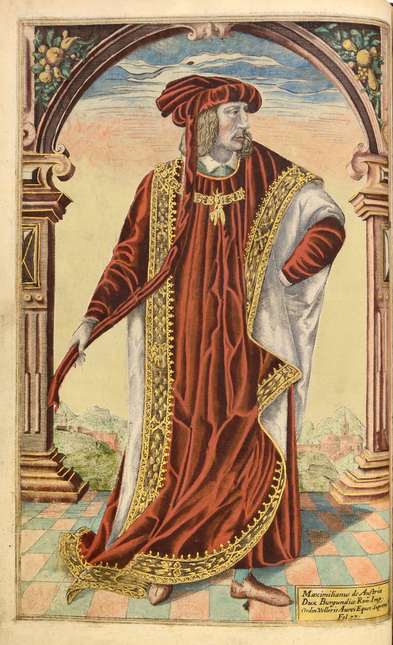 Cesarz Maksymilian I, Honorowy Wojskowy i Cywilny, William Segar, wyd. Robert Barker, Londyn, 1602 (ręcznie barwiony grawerunek) autorstwa William Rogers