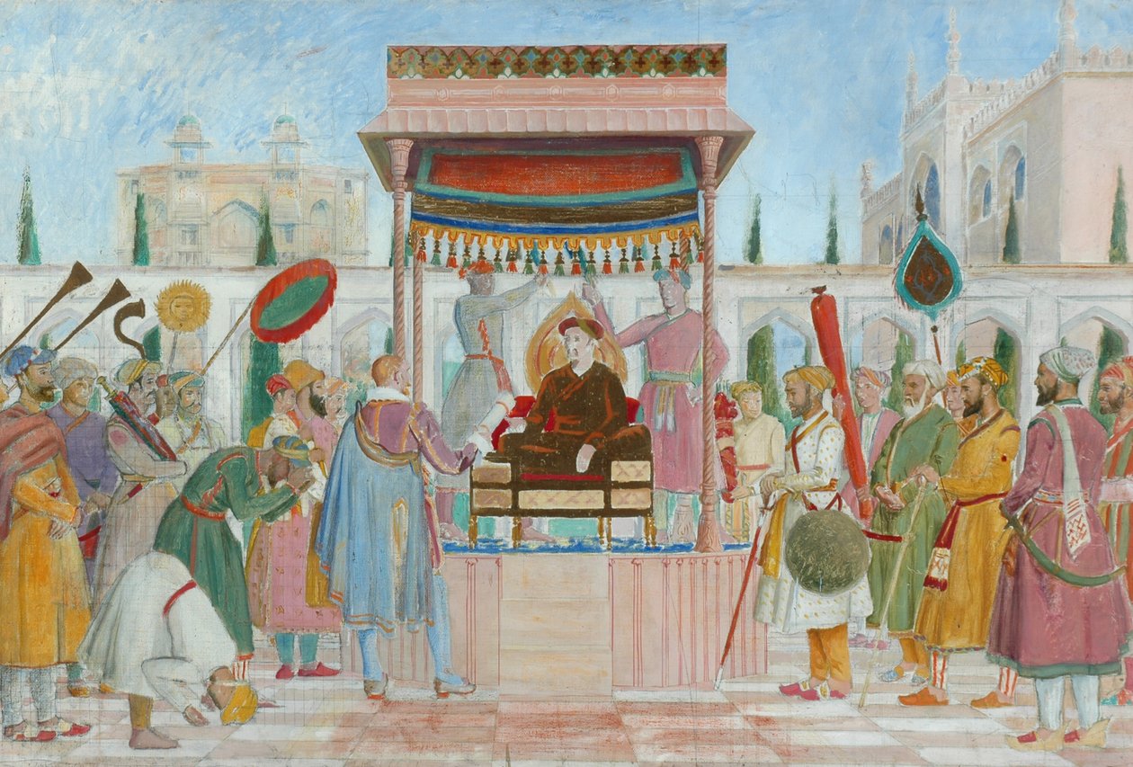 Ambasada sir Thomasa Roe przy dworze Jahangir (olej i ołówek na płótnie) autorstwa William Rothenstein