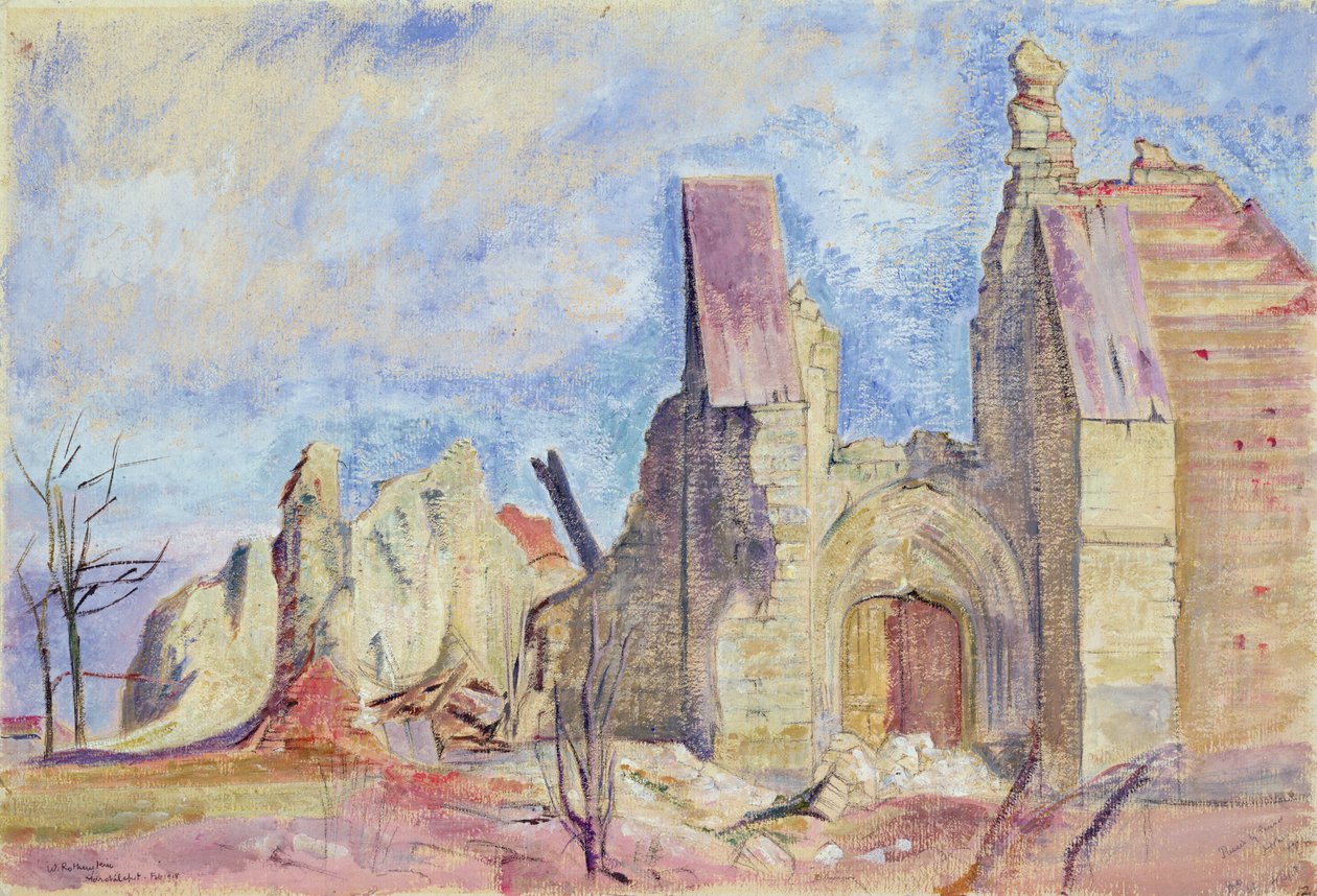 Front Zachodni, Kościół Marchelepot (gwasz na papierze) autorstwa William Rothenstein
