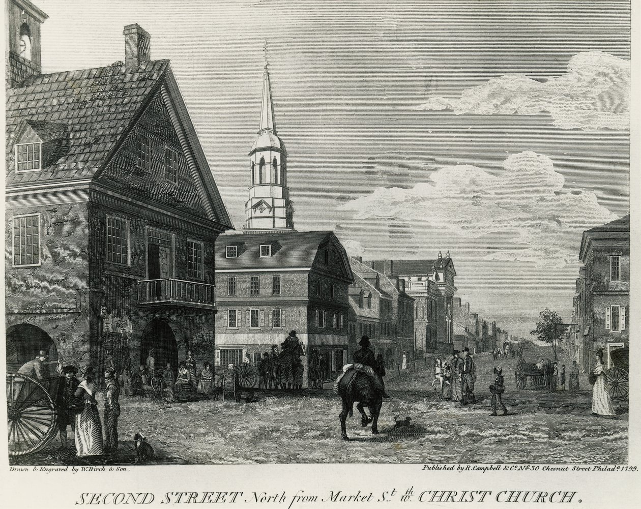Second Street North from Market Street and Christ Church, Philadelphia, rysunek Williama Russella Bircha (1755-1834), wydrukowany przez R Campbella, Stany Zjednoczone Ameryki autorstwa William Russell Birch