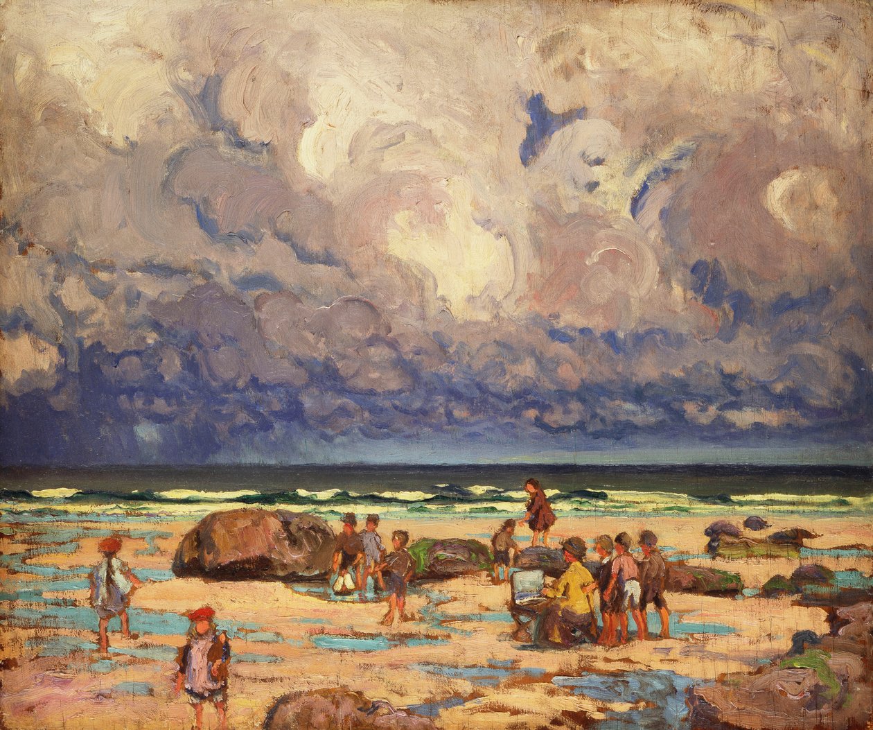 Dzieci na plaży, ok. 1910 (olej na panelu) autorstwa William Samuel Horton