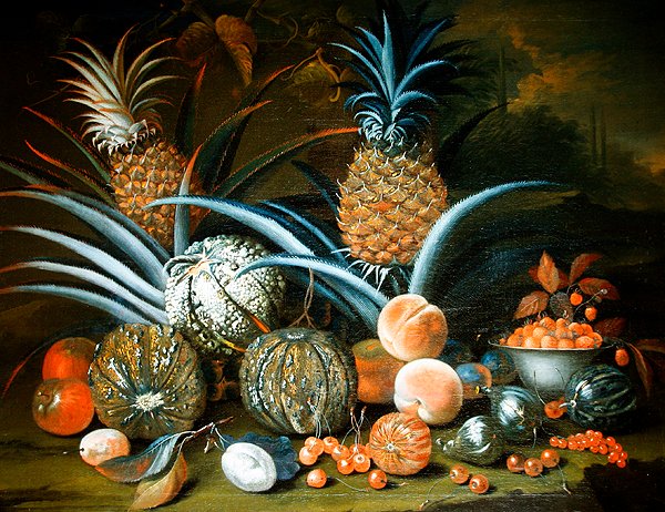 Martwa natura z ananasów, melonów, brzoskwiń, truskawek, wiśni i innych owoców (olej na płótnie) autorstwa William Sartorius
