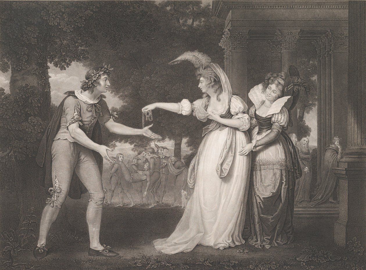 Przed Pałacem Książęcym-Rosalind, Celia, Orlando, the Duke..., po raz pierwszy wydany 1800, wznowiony 1852. autorstwa William Satchwell Leney