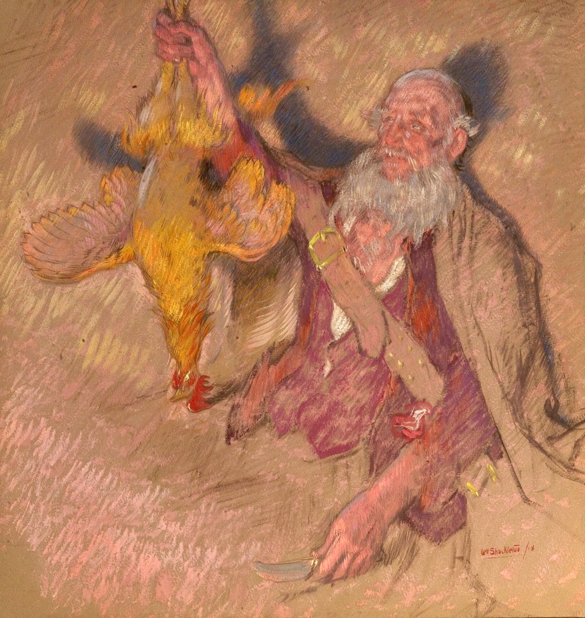 Studium mężczyzny trzymającego koguta dla Highland Raiders, 1918 (olej na papierze) autorstwa William Shackleton