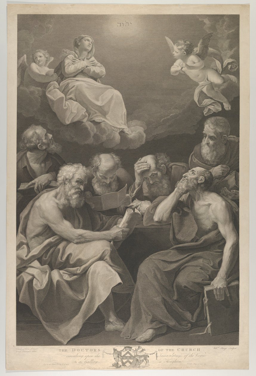 Lekarze kościoła konsultują księgi i dokumenty i kontemplują Dziewicę, która…, 1785 autorstwa William Sharp