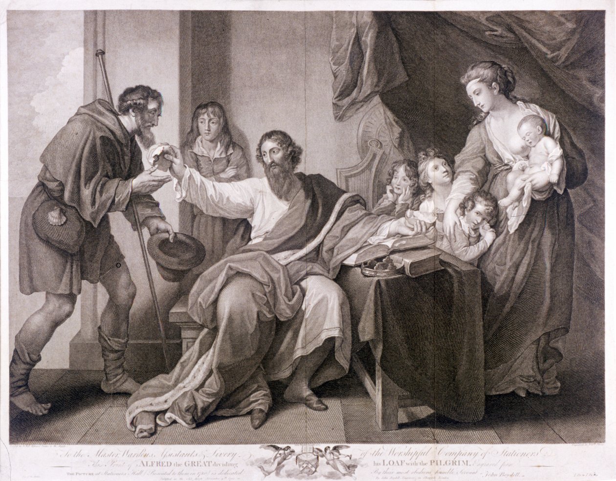 Alfred Wielki dzielący swój chleb z pielgrzymem, 1782 autorstwa William Sharpe