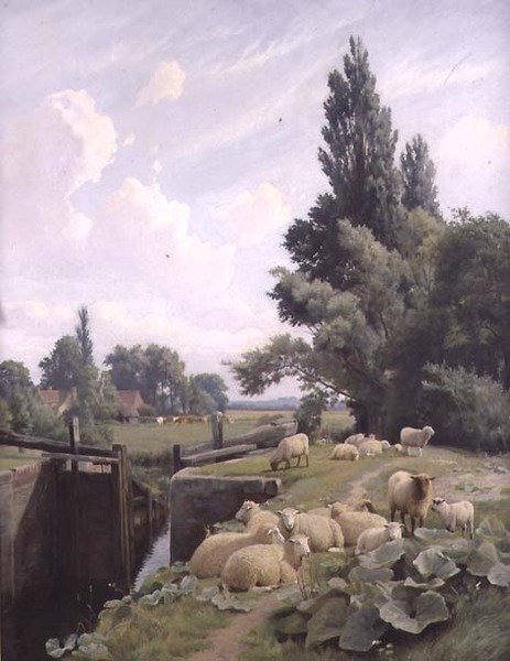 Krajobraz ze śluzą i stadem owiec autorstwa William Sidney Cooper