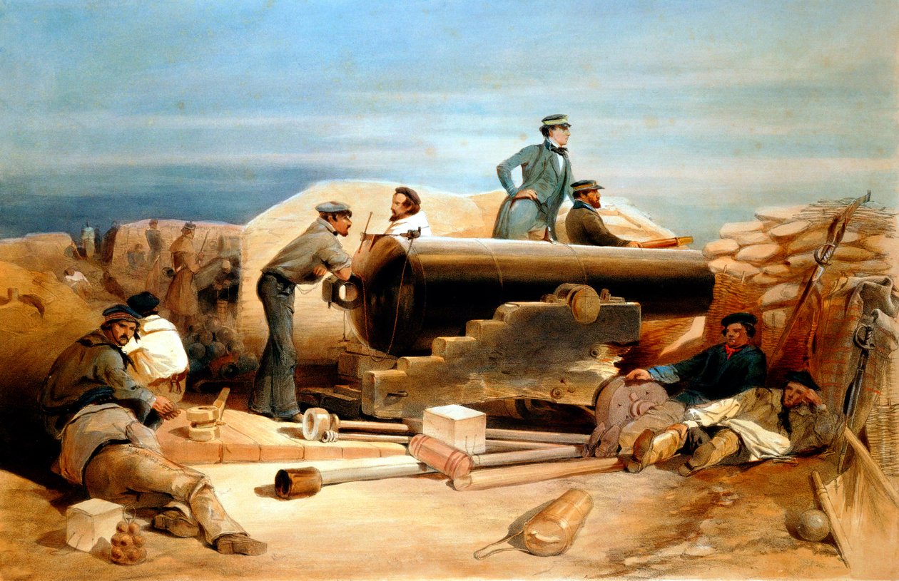 "Spokojny dzień w Diamentowej Baterii - portret 68-funtówki Lancastera", Wojna Krymska 1855-1856 autorstwa William Simpson