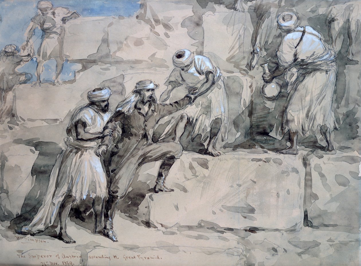 Cesarz Austrii wstępujący na Wielką Piramidę, Egipt, 1869. autorstwa William Crimea Simpson