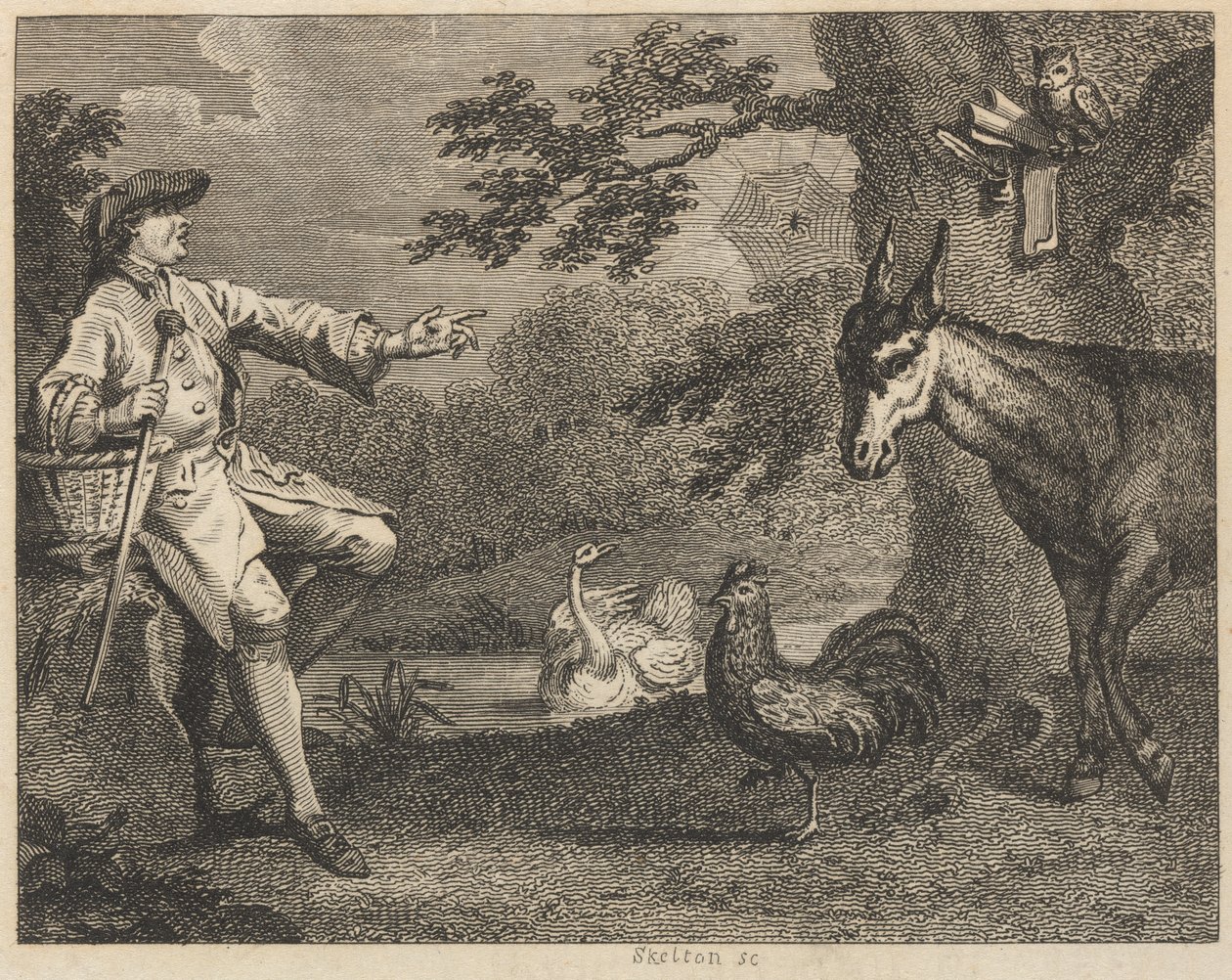 Sowa, łabędź, kogut, pająk, osioł i rolnik autorstwa William Skelton
