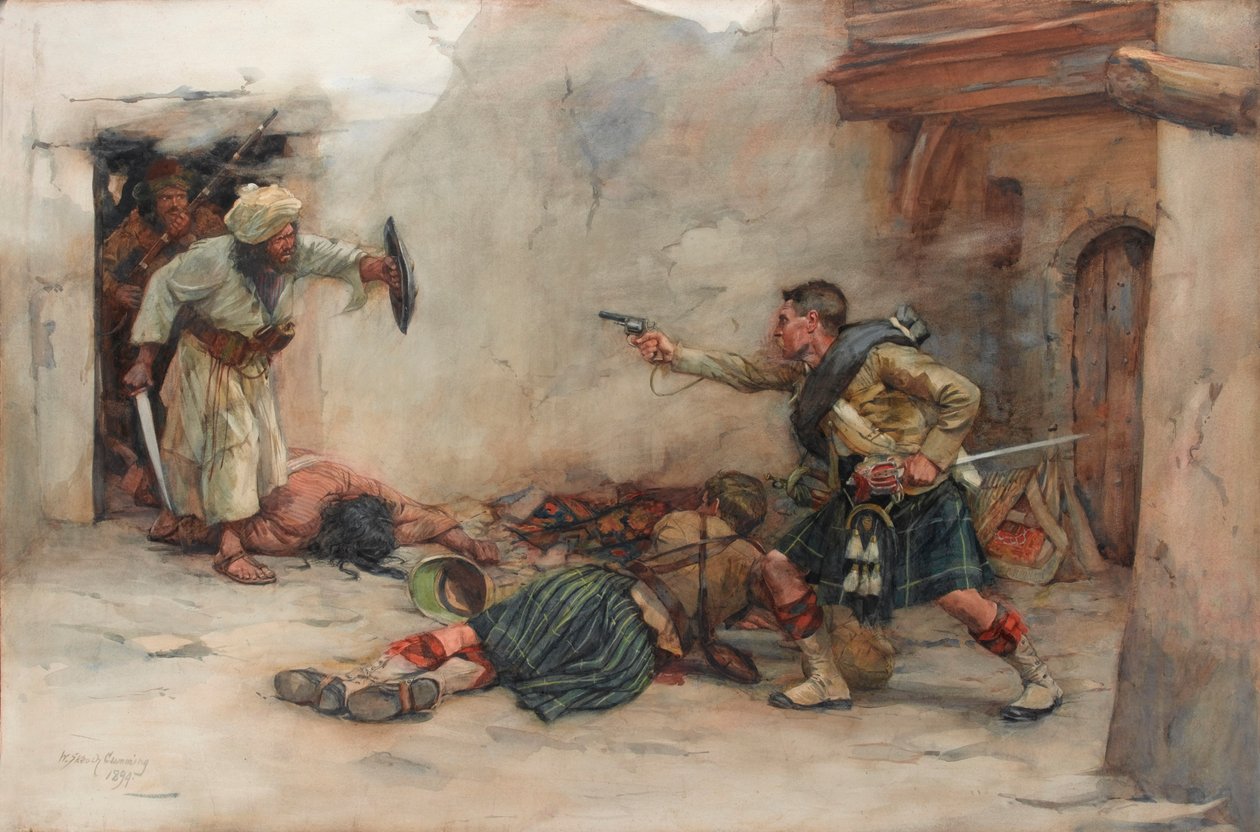 Perkusista James Roddick z 92. Gordon Highlanders, broniący porucznika Menziesa podczas walki wręcz w Kandaharze autorstwa William Skeoch Cumming