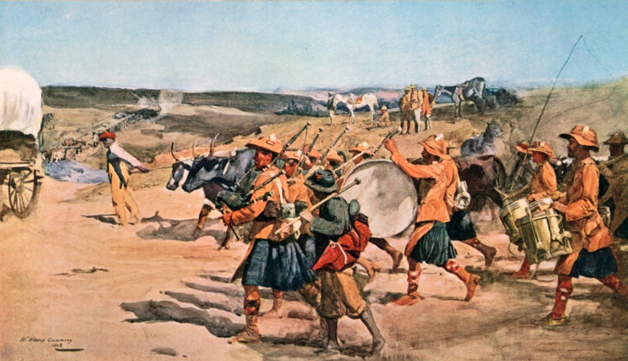Over the Veldt. Drums and Pipes of the 91st (Argyllshire) Highlanders (kolorowa litografia) autorstwa William Skeoch Cumming