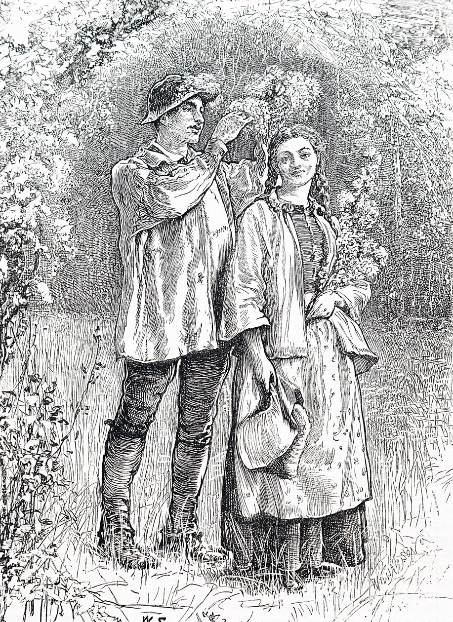 Ukoronowanie Królowej Maja wieńcem z głogu przez ukochaną. Williama Smalla (1843-1929), angielskiego ilustratora autorstwa William Small