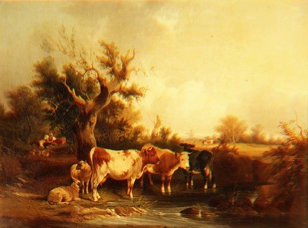 Zalesiony krajobraz z bydłem nad strumieniem autorstwa William Snr. Shayer