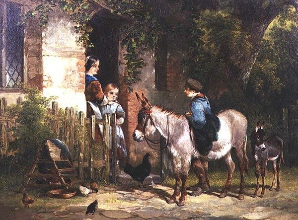Figurki z osiołkami przed domkiem autorstwa William Snr. Shayer