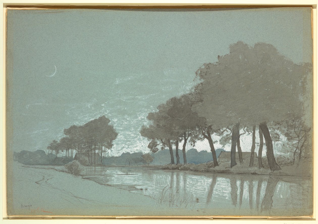 Rysunek, scena nad kanałem w pobliżu Brugii, Belgia, 1875-80 autorstwa William Stanley Haseltine
