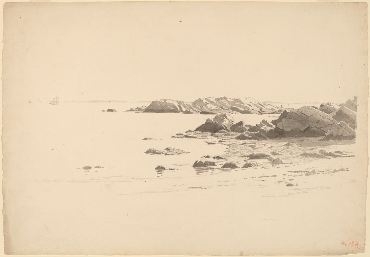 Skalista plaża z odległymi łodziami autorstwa William Stanley Haseltine