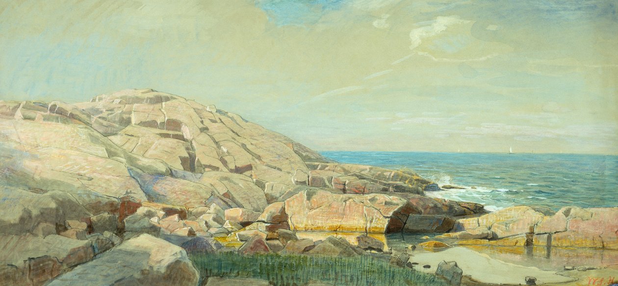 Wybrzeże Maine o zachodzie słońca (media mieszane na papierze) autorstwa William Stanley Haseltine
