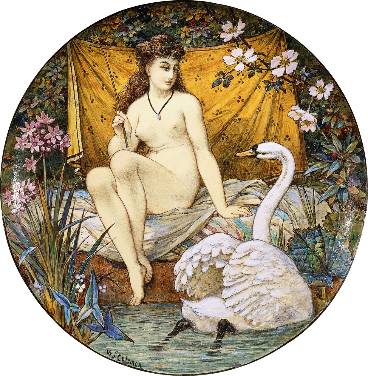 Duża miska ceramiczna Minton, przedstawiająca Ledę i łabędzia, autorstwa William Stephen Coleman