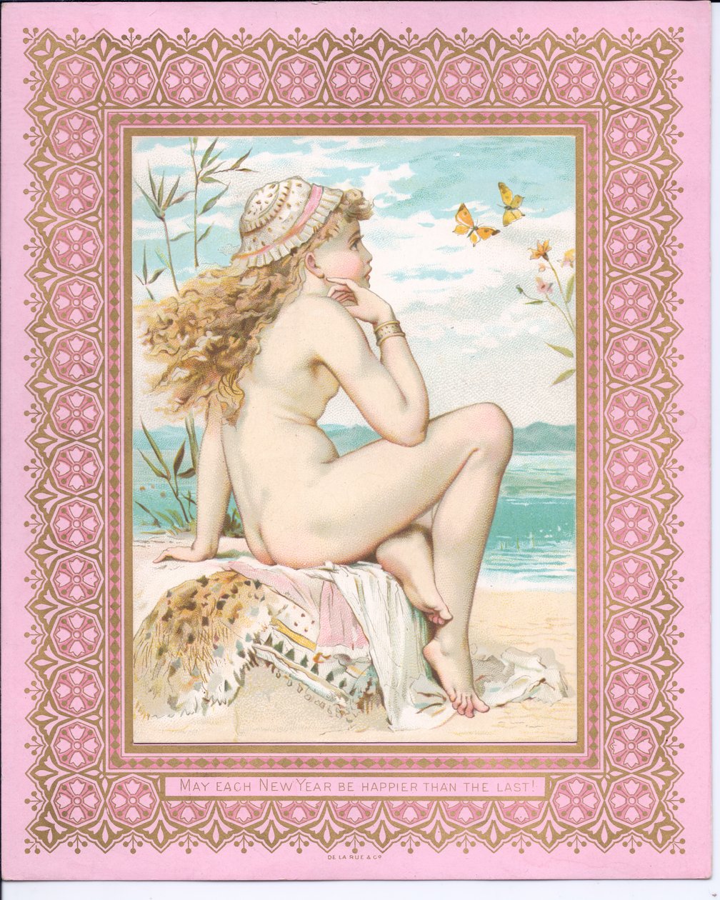 Wiktoriańska kartka noworoczna przedstawiająca piękność kąpieli na plaży, ok. 1881 r. autorstwa William Stephen Coleman