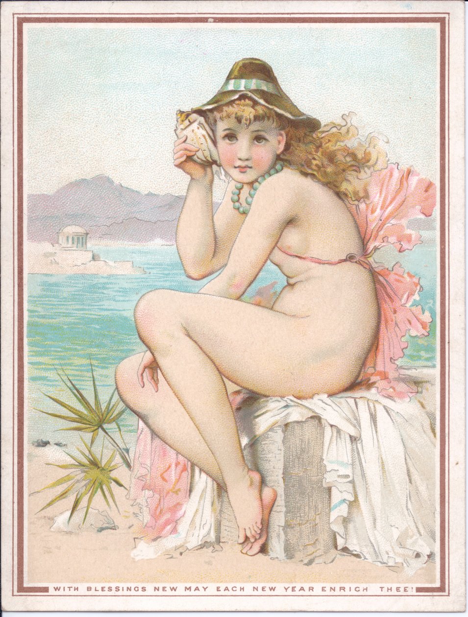 Wiktoriańska kartka noworoczna przedstawiająca kąpiącą się piękność na plaży trzymającą muszlę przy uchu, ok. 1881 r. autorstwa William Stephen Coleman