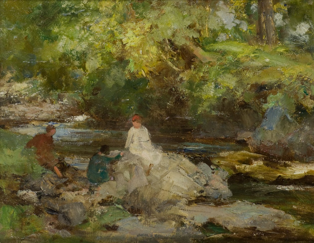 Trzy postacie nad rzeką (olej na płótnie) autorstwa William Stewart MacGeorge
