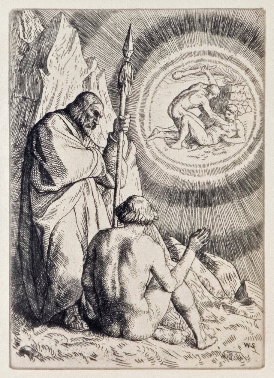 Michael stawia przed Adamem wizję z raju utraconego Johna Miltona (1608-1674) seria 12 ilustracji wyrytych przez Williama Stranga (1859-1921) autorstwa William Strang