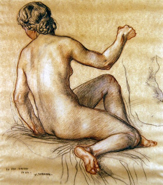 Studium aktu kobiecego siedzącego od tyłu, ok. 1890 (węgiel, czerwono-biała kreda na papierze) autorstwa William Strang