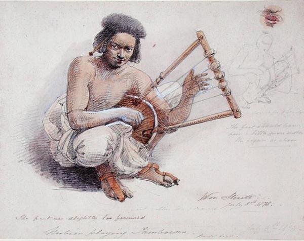 Nubijska gra na tamburynie, 8 lipca 1878 (ołówek i pranie na papierze) autorstwa William Strutt
