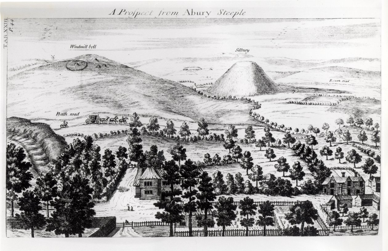 Widok z wieży Avebury na Silbury Hill, ilustracja z „Stonehenge: świątynia przywrócona brytyjskim druidom” autorstwa Williama Stukeleya, 1740 autorstwa William Stukeley