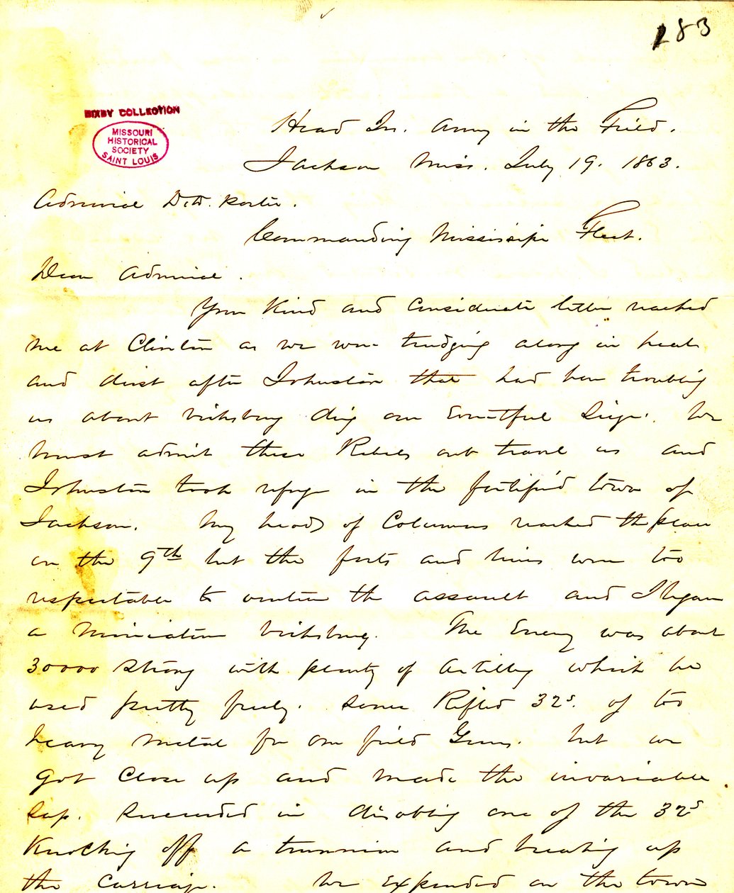 List od W.T. Shermana, kwatery głównej, Army in the Field, Jackson, Mississippi, do [Davida D.] Portera, 19 lipca 1863 autorstwa William T. Sherman